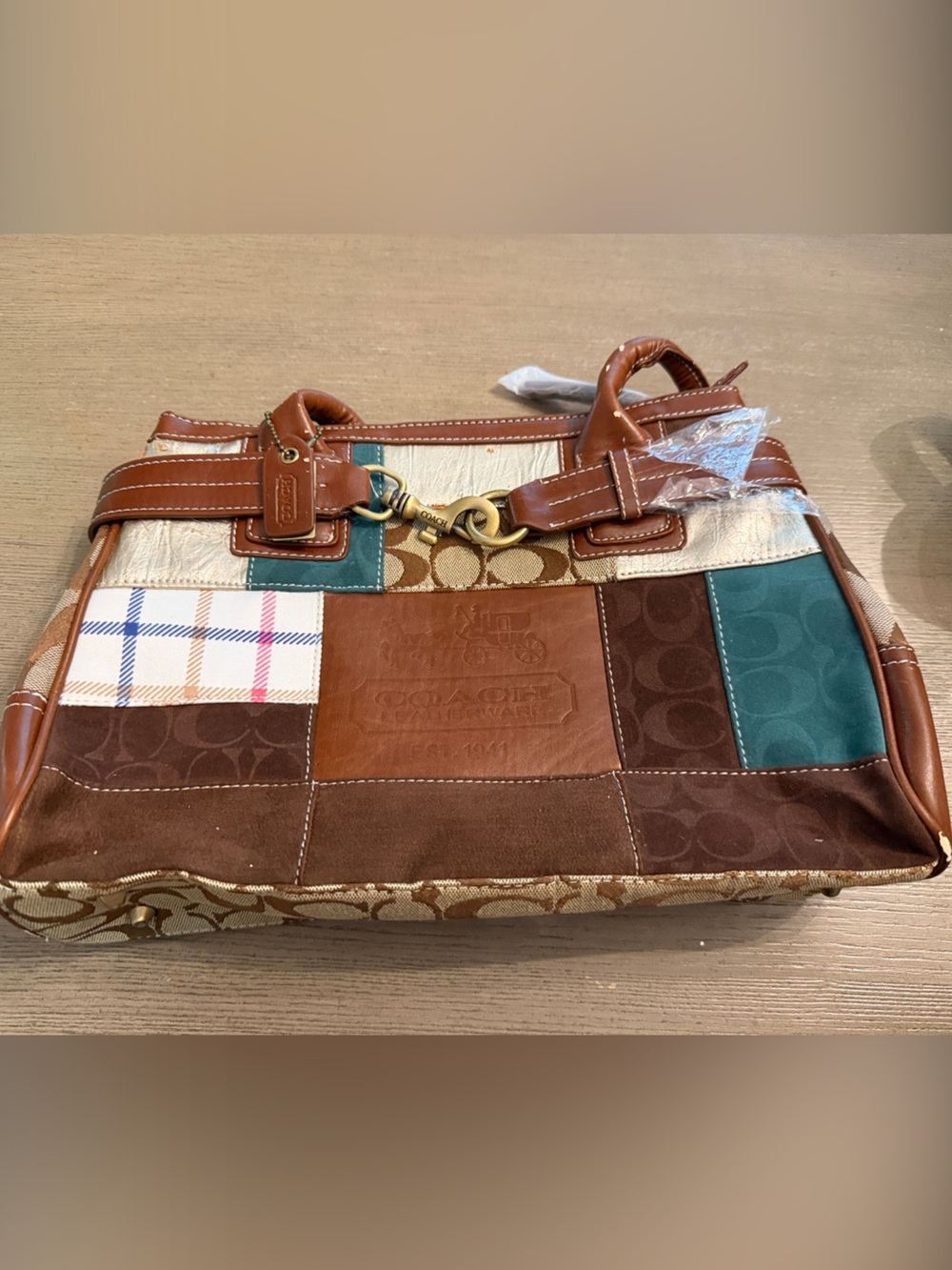 Coach Patchwork Shoulder Bag - Brown, Teal, Cream
